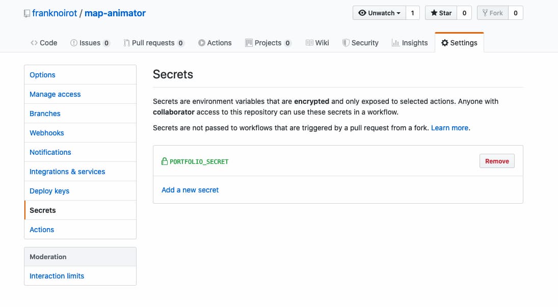 View of Settings tab in a GitHub repository, with the Secrets section selected to view the PORTFOLIO_SECRET key.