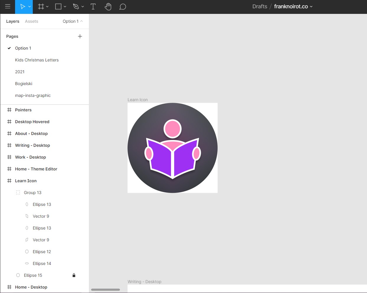 Showing the Figma interface with my learning icon as a frame.